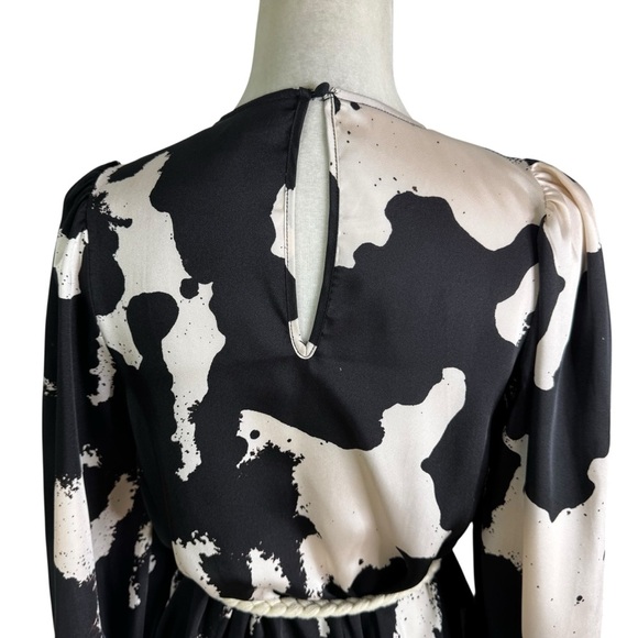 ALEXIS Abstract Long Sleeve Rope Belt Tiered Mini Dress Black and Cream Size XS - Picture 9 of 12